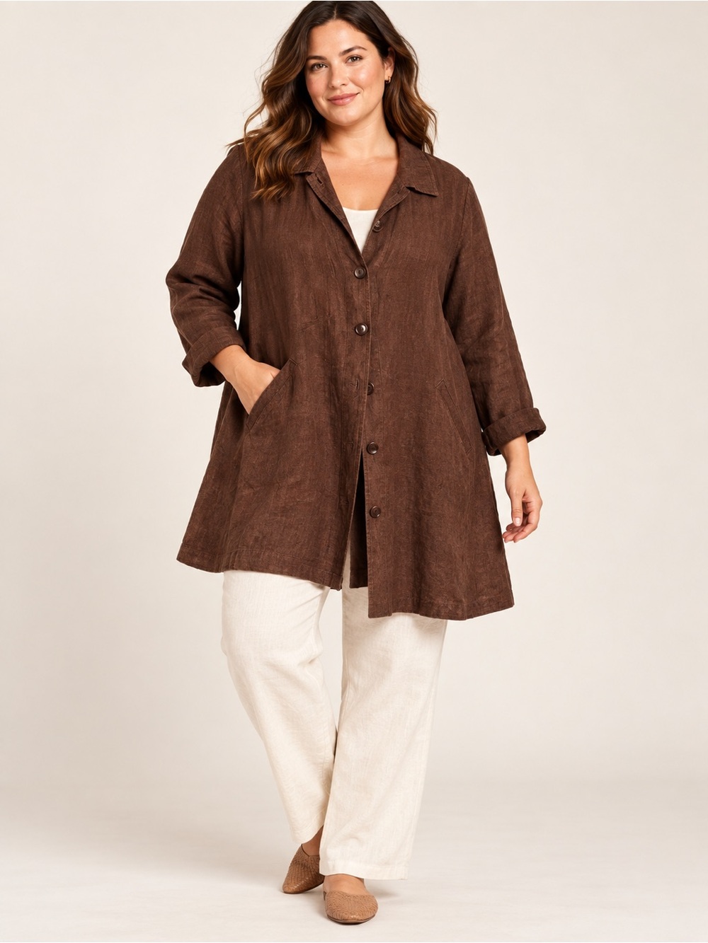 FLAX 100% Linen Longline Jacket Womens Large Brown Button Front Lagenlook Pocket